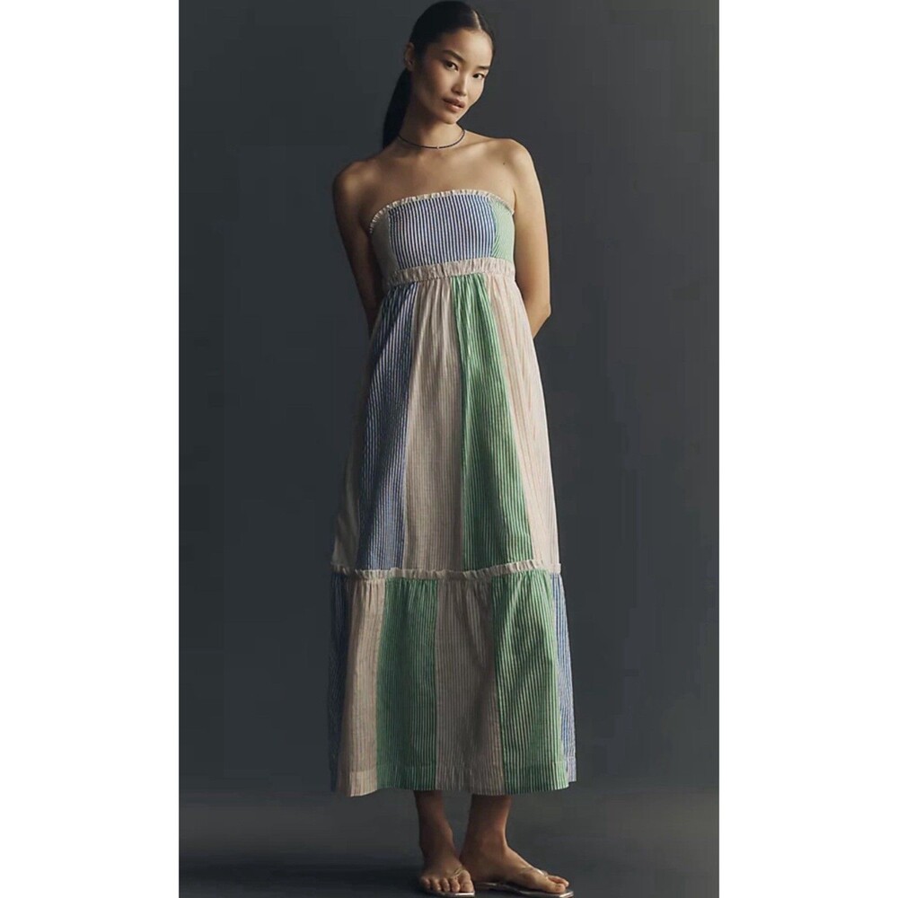 Anthropologie Maeve Midi Dress Green Cotton Strapless Vacay Preppy Large NWT